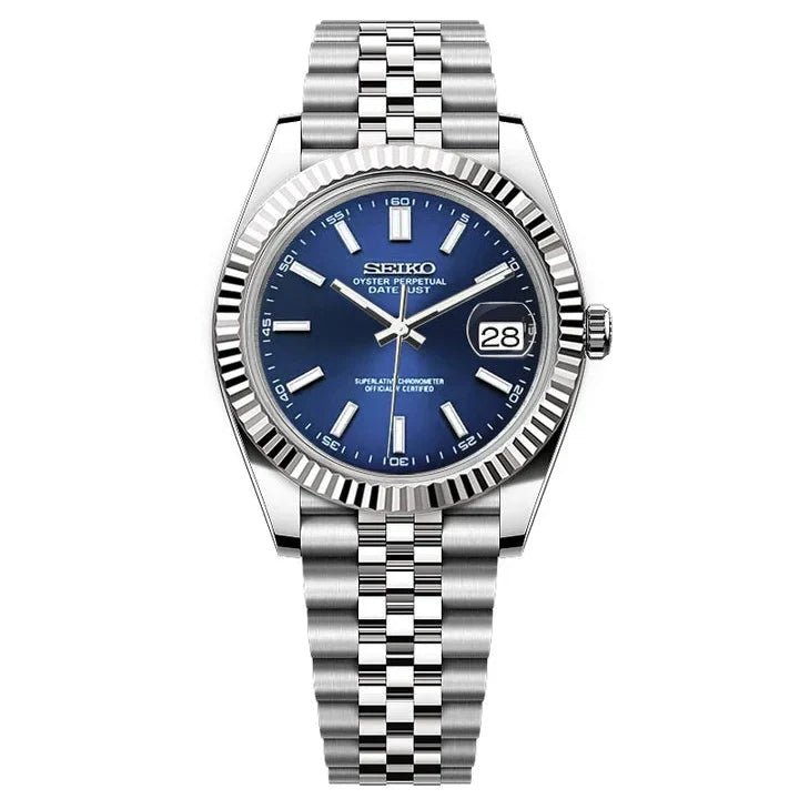 Silver watch with a blue face on a white background
