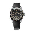 Seiko watch with black strap and detailed face on a white background