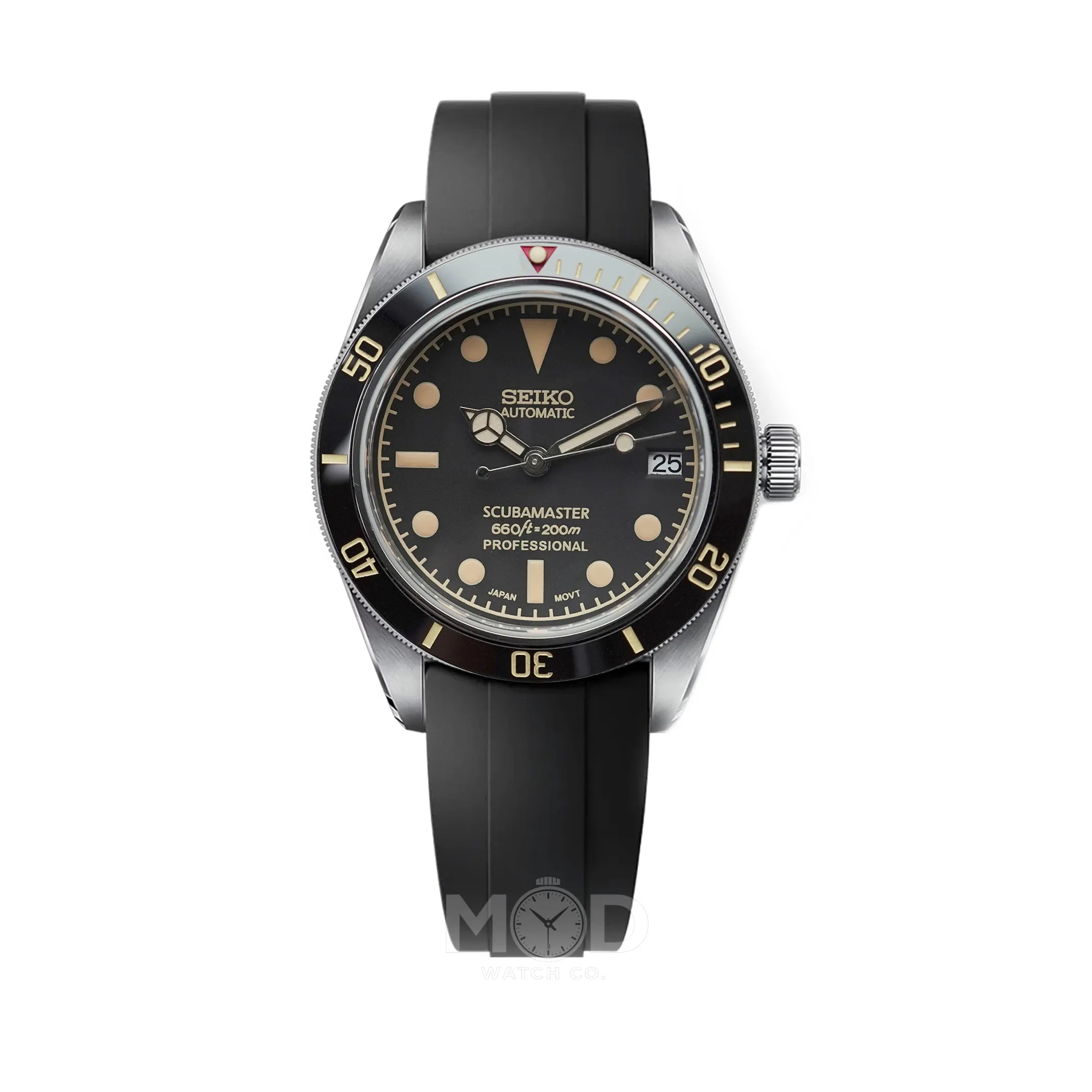 Seiko watch with black strap and detailed face on a white background