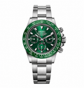 A Seiko Daytona watch with a polished stainless steel link bracelet, featuring a vibrant green dial and a matching green tachymeter bezel.