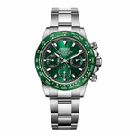 A Seiko Daytona watch with a polished stainless steel link bracelet, featuring a vibrant green dial and a matching green tachymeter bezel.