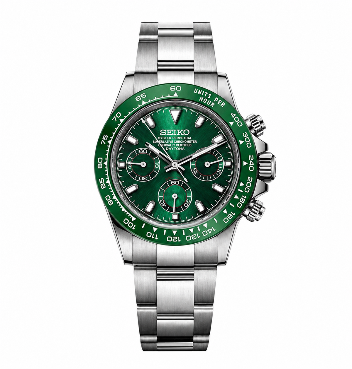 A Seiko Daytona watch with a polished stainless steel link bracelet, featuring a vibrant green dial and a matching green tachymeter bezel.