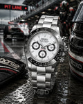 Seiko watch with racing theme, including a race car and 'Pit Lane' sign.