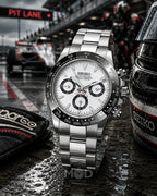 Seiko watch with racing theme, including a race car and 'Pit Lane' sign.