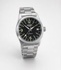 Seiko watch with black dial and silver metal strap on a white background