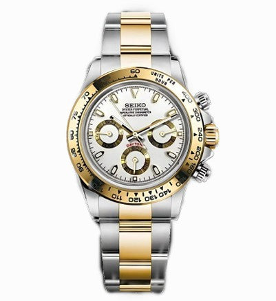 Two-tone Seiko watch with silver and gold band on a white background