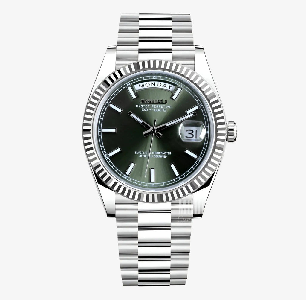 Silver Seiko mod watch with a olive green face on a white background