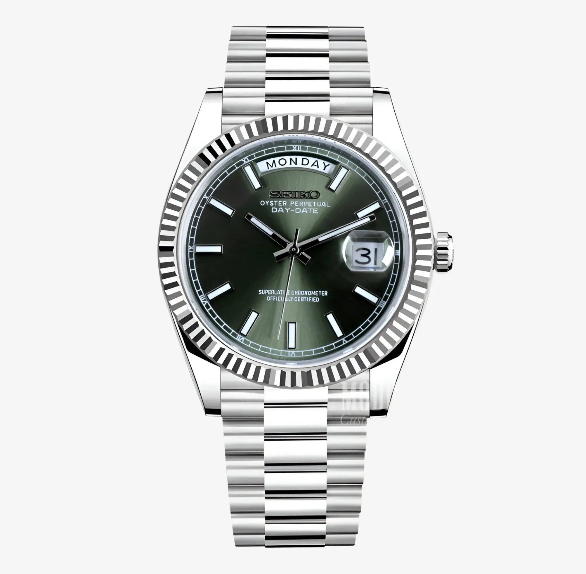 Silver Seiko mod watch with a olive green face on a white background
