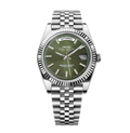 Silver watch with a green face on a white background