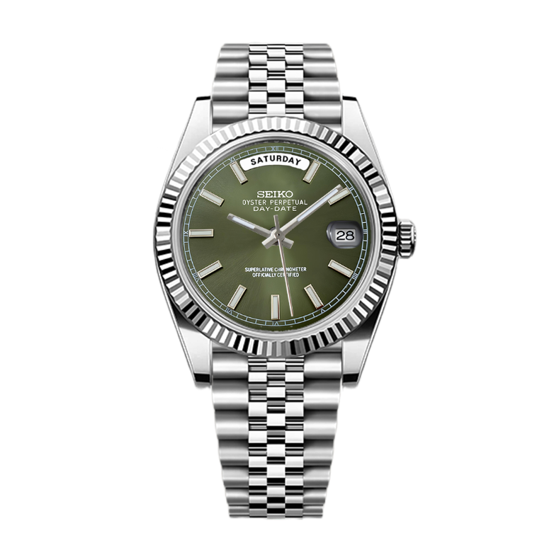 Silver watch with a green face on a white background
