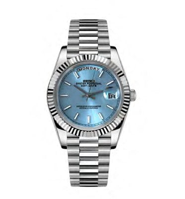 Silver watch with a blue face on a white background