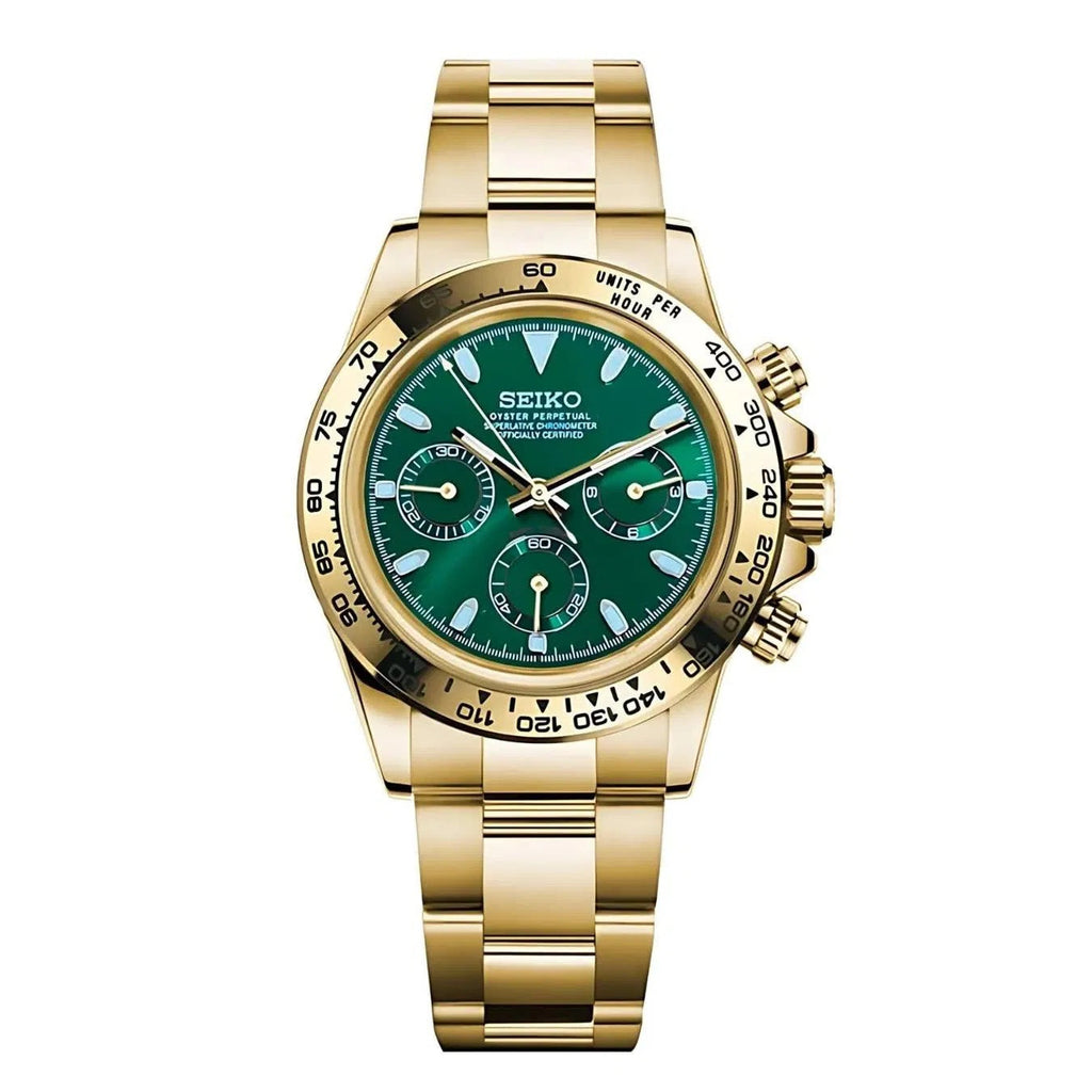 Gold Seiko watch with a green face on a white background