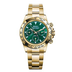 Gold Seiko watch with a green face on a white background