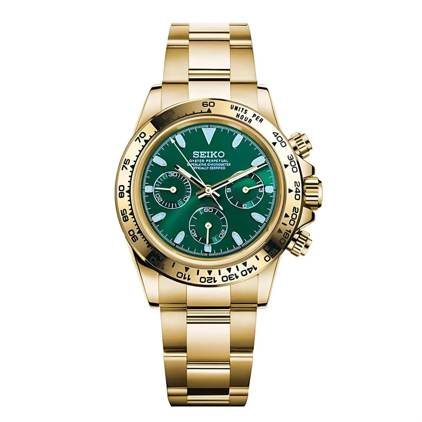 Gold Seiko watch with a green face on a white background
