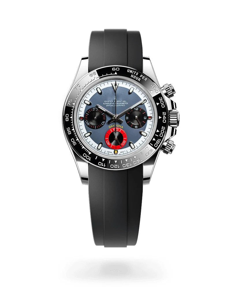 Watch with black strap and silver case on a white background