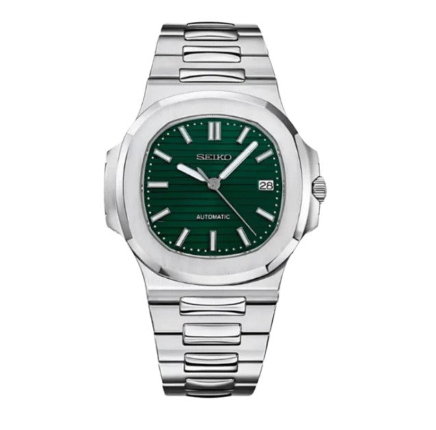 Seiko watch with green dial and silver metal bracelet on a white background