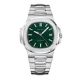 Seiko watch with green dial and silver metal bracelet on a white background