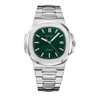 Seiko watch with green dial and silver metal bracelet on a white background
