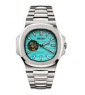 Silver watch with a turquoise face on a white background