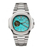 Silver watch with a turquoise face on a white background