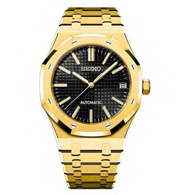 Gold Seiko watch with black dial on a white background
