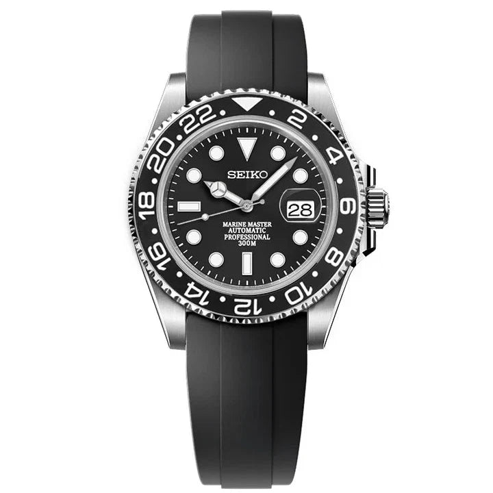 Seiko watch with black dial and rubber strap on a white background