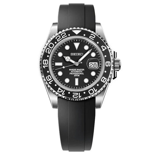 Seiko watch with black dial and rubber strap on a white background