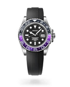 Seiko watch with black and purple bezel on a white background