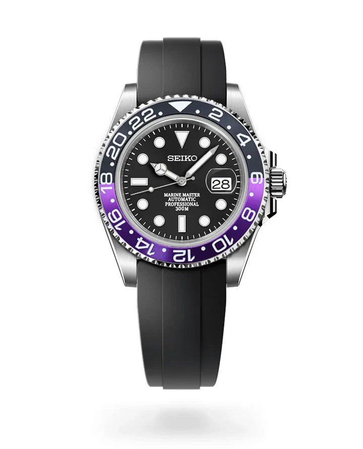 Seiko watch with black and purple bezel on a white background
