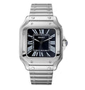 Silver Seiko watch with black face on a white background