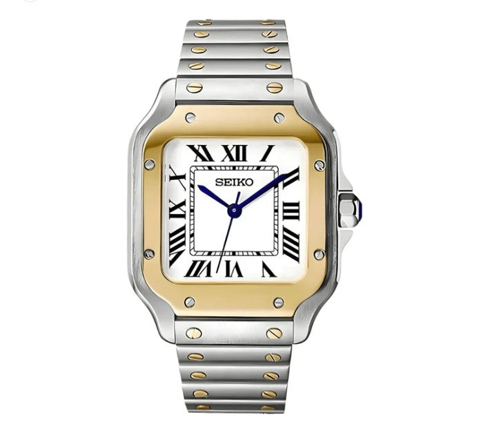 Two-tone Seiko watch with gold and silver band on a white background