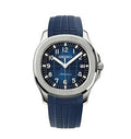 Seiko watch with blue strap and black dial on a white background