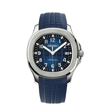 Seiko watch with blue strap and black dial on a white background