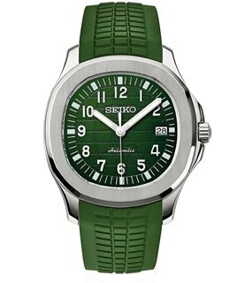 Green Seiko watch with a green strap on a white background