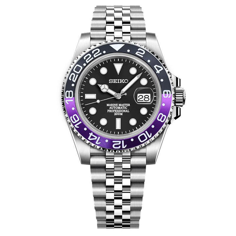 Seiko watch with black face, purple bezel, and silver metal bracelet on a white background