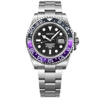 Seiko watch with black face, purple bezel, and silver metal strap on a white background