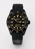 Black Seiko watch with gold accents on a white background