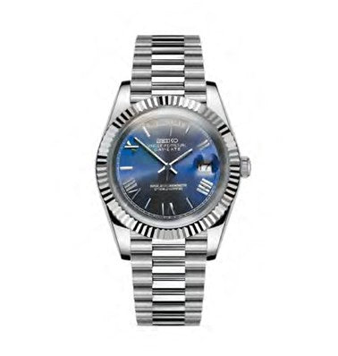 Silver Seiko watch with blue face on a white background