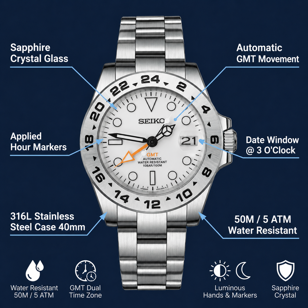 A Seiko stainless steel wristwatch with a silver link bracelet, white dial, and black GMT-style bezel, shown on a dark blue background with callout labels pointing to features such as sapphire crystal glass, automatic GMT movement, date window, luminous hour markers, 316L stainless steel case, and water resistance.