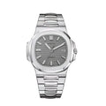 Silver watch with a gray face on a white background