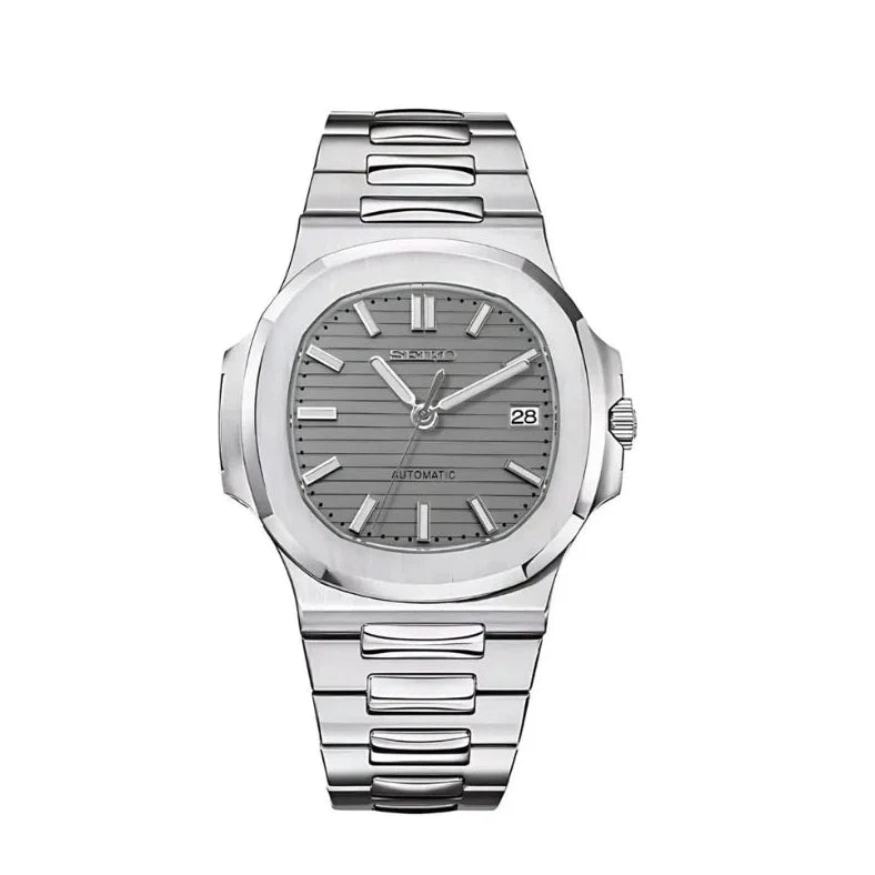 Silver watch with a gray face on a white background