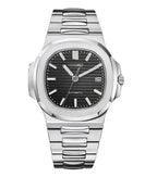 Silver Seiko watch with black dial on a white background