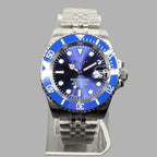 Wristwatch with blue dial and silver metal band on a gray background