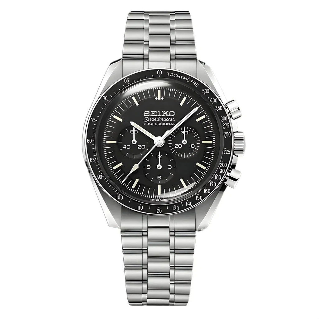 Silver watch with a black face on a white background