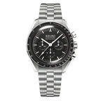 Silver watch with a black face on a white background