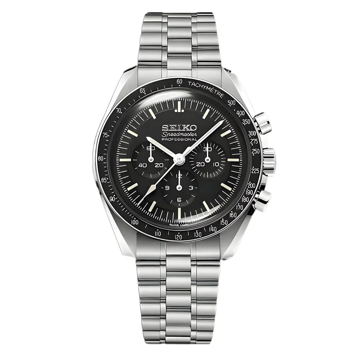 Silver watch with a black face on a white background