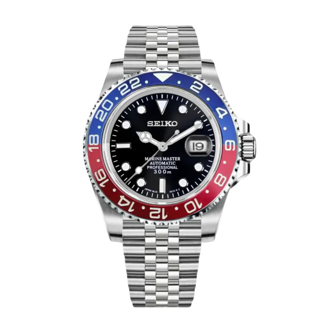 Seiko watch with a silver bracelet and red and blue bezel on a white background