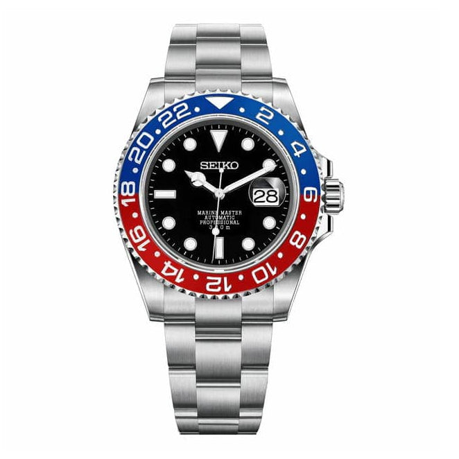Seiko watch with a black face, red and blue bezel on a white background