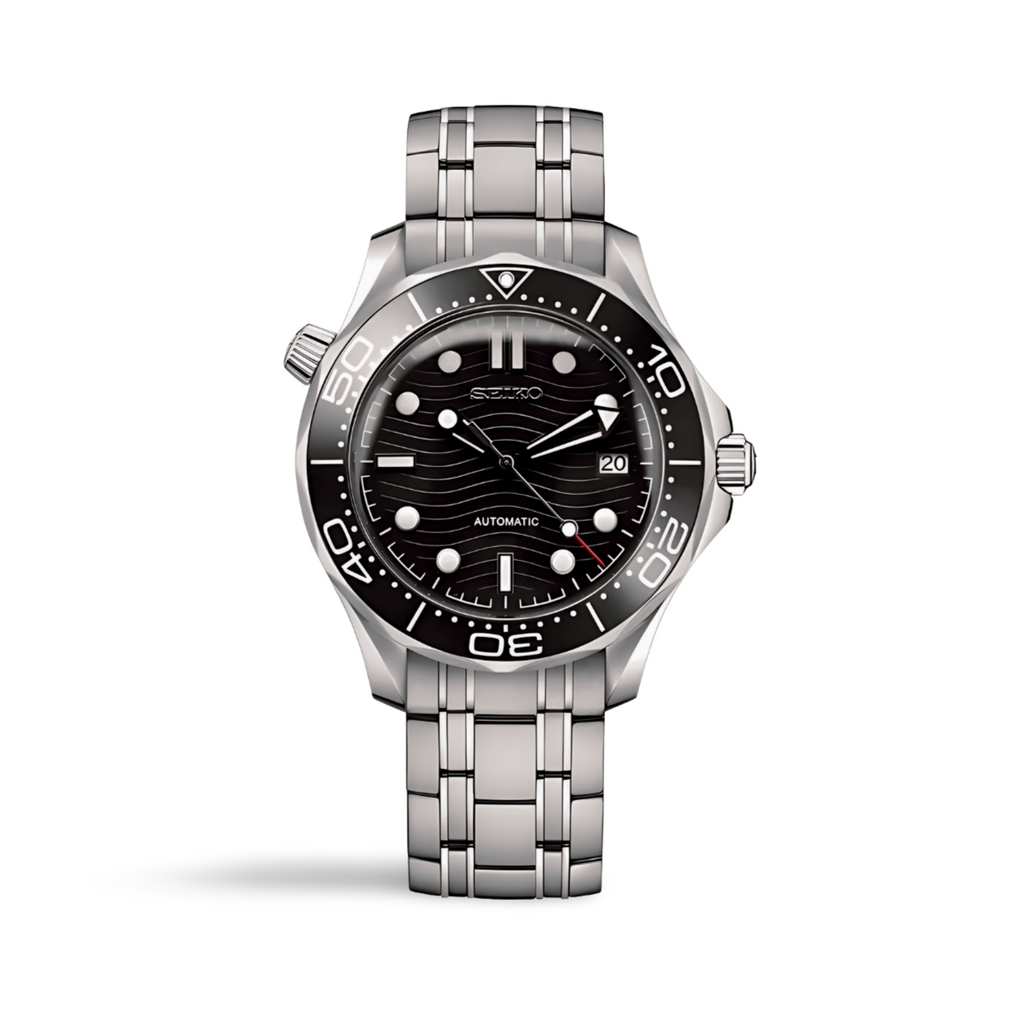 Silver watch with black dial on a white background