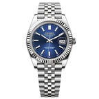 Silver watch with a blue face on a white background